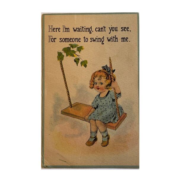 Antique 1914 Ephemera Postcard Barton Spooner Little Girl On Swing Sweet Poem - Picture 2 of 8
